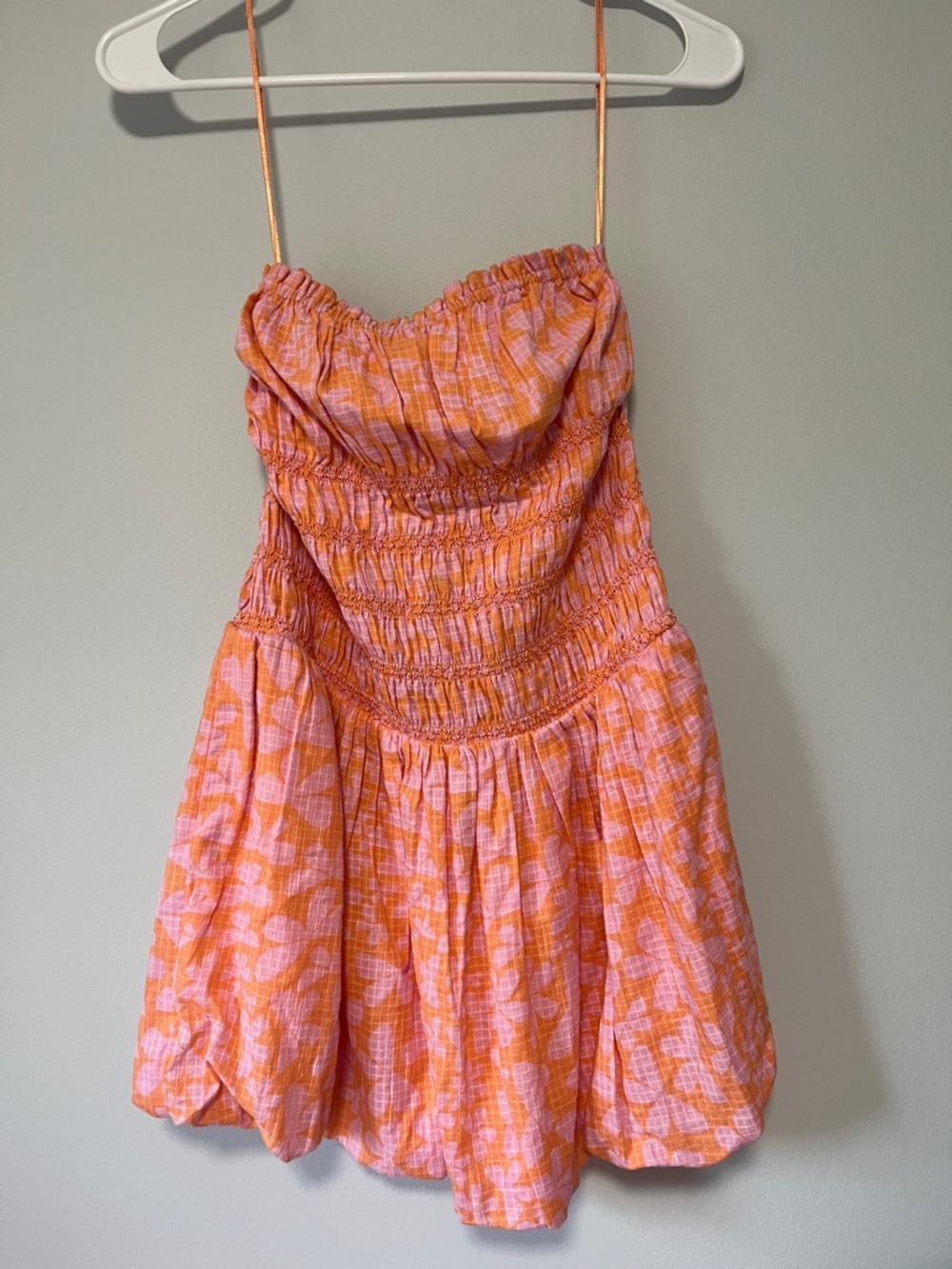 Free People Annalise Strapless Orange Pink Floral Smocked Mini Dress - Picture 2 of 4